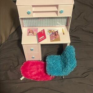 Kids Desk and Plush Rolling Chair and Rug Set - Blue Chair & Pink Rug &Whitedesk